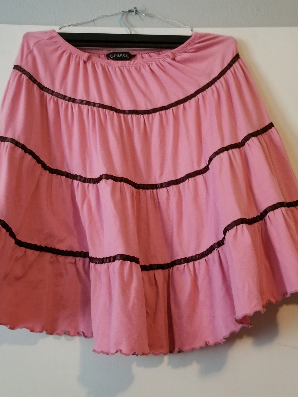 George Girl's 14/16 Pink Tiered Skirt with Dark Brown Trim & Elastic Waistband